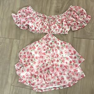 Pink Floral Cut Out Waist Flowy Romper